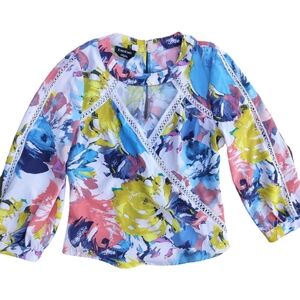 Bebe Colorful Floral Spring Blouse with Mesh Detail Size Small